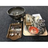 A plated punch bowl with lion mask handles, a collection of teaspoons, plated ware,