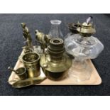 A tray of vintage oil lamps,