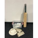 A box of cricket memorabilia to include a pair of batsman's gloves (by repute used by New Zealand