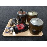 A tray of two wooden metal bound biscuit barrels, ice buckets, napkin rings,