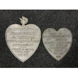 Two cast metal heart shaped French plaques dated 1928 and 1936