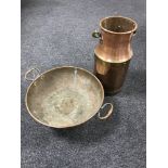 A domed twin handled bowl and a copper and brass churn