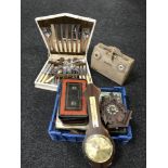 A vintage GEC radio, canteen of cutlery and a basket of games, buttons, barometer,