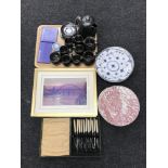 A tray of seventeen pieces of Brinknash china in a pewter finish, two boxed Wedgwood dishes,