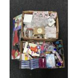 Two boxes of wedding invitations, sweet jars, confetti etc and a box of toys,