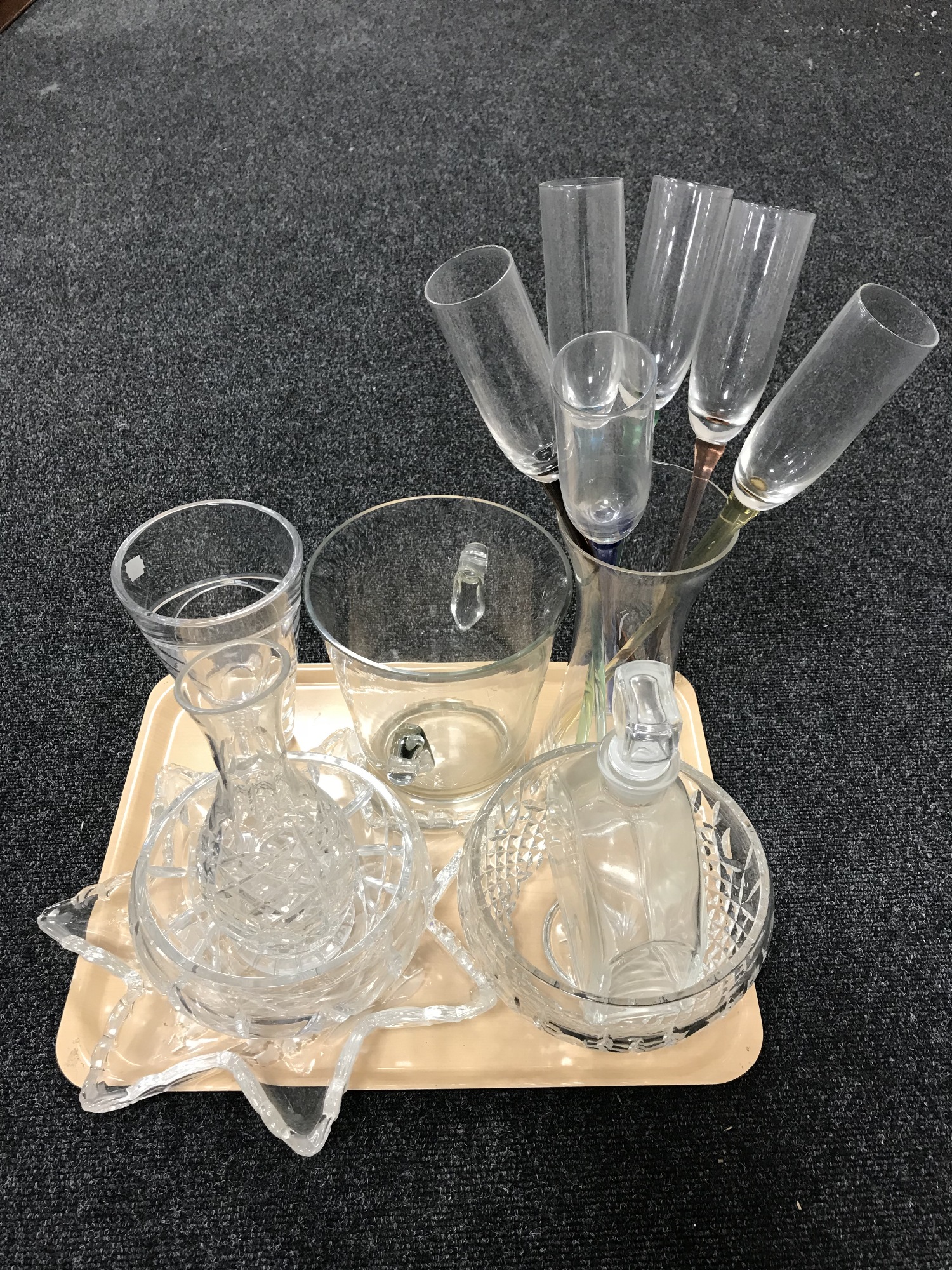 A tray of Waterford Crystal vase, glass bowls, decanters,