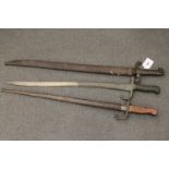 Three various bayonets including a French Chassepot in scabbard