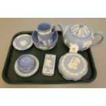 A tray of Wedgwood blue and white jasperware,