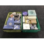 Two boxes of Ringtons china including chintz teapot, caddies, collector's teapots,