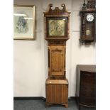 A 19th century inlaid oak long cased clock with brass dial, height 206 cm.