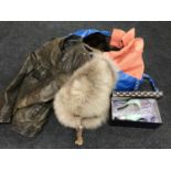 A bag of vintage clothing including furs, lady's shoes,