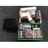 A box of assorted DVDs and CDs, box of Sky box, digital camera,