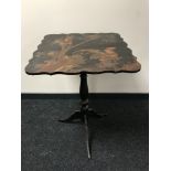 A late Victorian Japanned tripod table depicting hens
