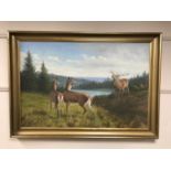 Continental school : Deer by a forest, oil on canvas, 96 cm x 64 cm, framed.