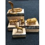 Five boxed wooden African plains animal figures