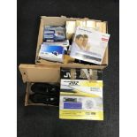 A box of assorted electricals including lighting tracks, telephones, car CD changer,