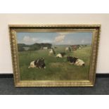 Continental school : Cattle grazing, oil on canvas, 99 cm x 68 cm, indistinctly signed, framed.