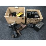 A box of assorted cameras and lenses - Zenit, Praktica Super TL, Olympus OM10,