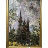 Twentieth century school : A Cathedral exterior, oil on board, 50 cm x 74.5 cm, framed.