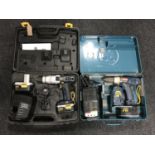 A cased Macallister 14.4 volt electric drill with batteries and chargers and a Ryobi 14.