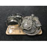 A tray of silver plated ware, gong & beater, hand mirror, serving tray, spoons, miniature comports,