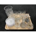 A tray of glass, grapefruit dish, vases,