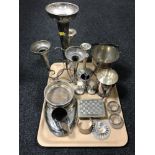 A tray of twentieth century plated ware, four-way epergne, wine coaster, ice bucket,