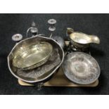 A tray of twentieth century plated wares, punch bowls, lidded muffin dish,