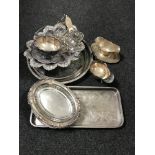A quantity of plated ware, serving trays, swing handled baskets,
