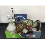A box of pottery table lamp, dressing table set, cased cutlery, glass ware, Arcoroc serving plate,