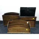 A metal deed box together with an oak table box, magazine rack,