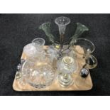 A tray of plated four-way epergne with three glass flutes, hand blown glass moon flask,