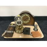 A tray of oak cased mantle clock, tie press, anniversary clock,