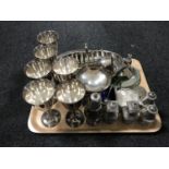 A tray of twentieth century plated wares, toast racks, cruet set, sugar sifter,