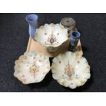 A tray of two Crown Devon bowls with matching comport, two Wedgwood jasper ware vases,