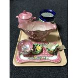 A tray of nine pieces of Maling china, pink lustre vase and biscuit barrel, Peony rose trinket tray,