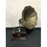 An HMV table top gramophone with brass horn