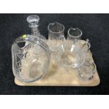 A tray of crystal, graduated jugs, decanter with stopper, vases, a Waterford crystal comport etc.