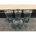 Three Holmegaard Per Lutken blue glass vases, height 14 cm,
