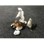 Five USSR china Lomonosov animal figures including Seal, Bird,