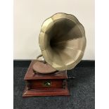 An HMV table topped gramophone with brass horn