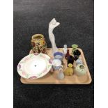 A tray of Doulton figure, Indian pattern vase, blue and white cups,