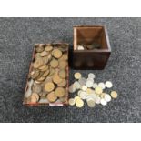 A tin of Georgian and later penny and half pennies together with a box of European coins