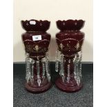 A pair of ruby glass hand painted Victorian lustres with drops CONDITION REPORT: