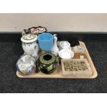 A tray of cloisonne vase, Masons jug, costume jewellery, Waterford crystal clock,