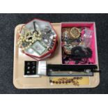 A tray of costume jewellery, beaded purse, lady's watches etc.