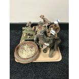 A tray of china ornament, two Indian figures, Incolay relief plaque,