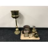 A brass jardiniere on stand together with brass teapots,