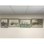 Four framed tapestries depicting huntsman on horseback,