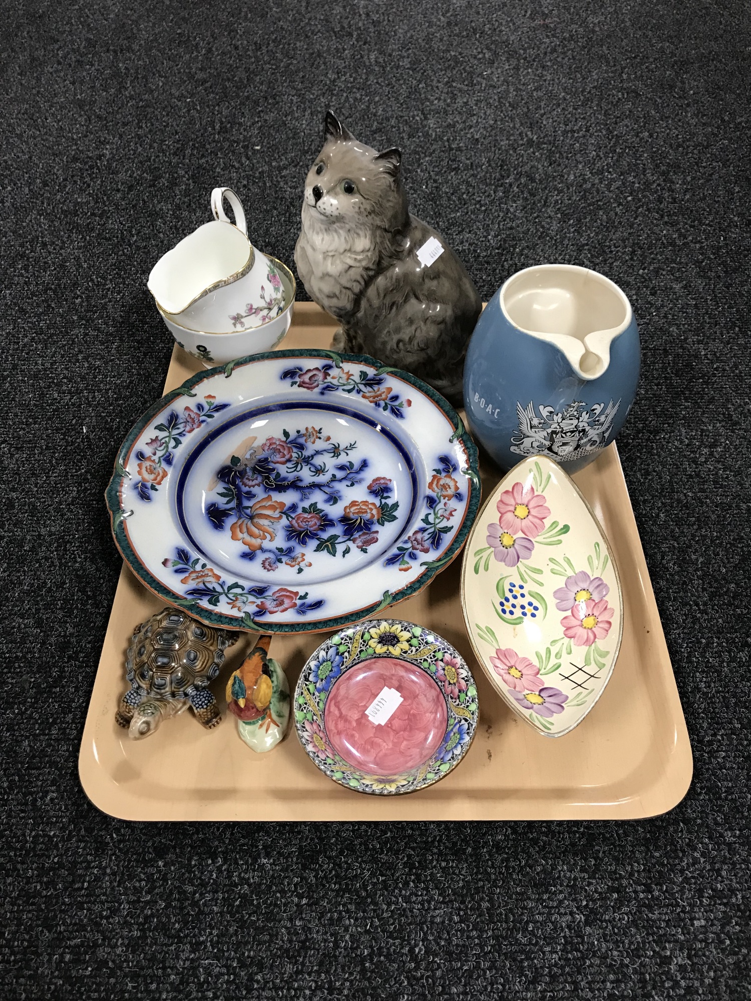 A tray of Beswick cat figure, Beswick pheasant, Wade tortoises, Maling shallow dish,